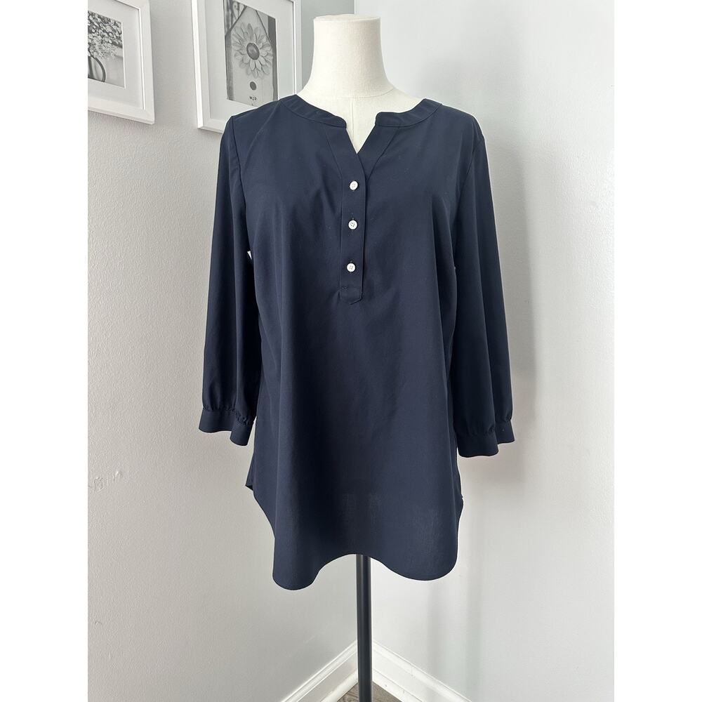 Talbots Navy Popover Blouse M Old Money Coastal Grandma Minimalist workwear